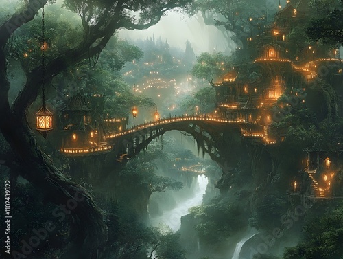 An elven city perched high in the branches of giant trees