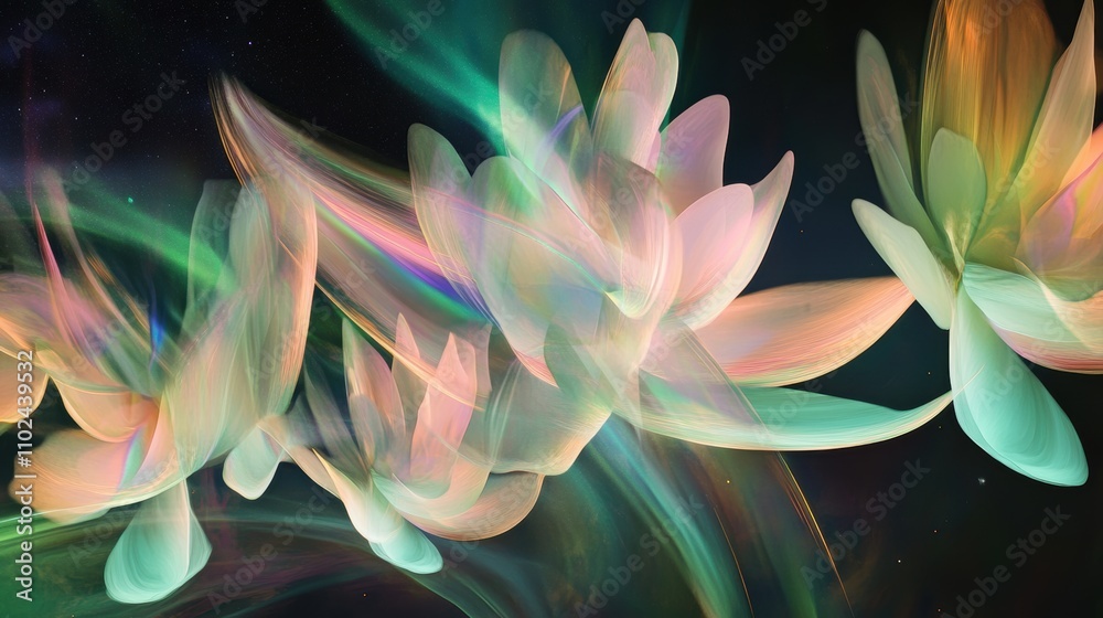 Abstract floral patterns resembling the aurora borealis, with delicate petals in shades of green, pink, and blue flowing weightlessly against a cosmic backdrop, radiating an ethereal glow Abstract floral patterns resembling the aurora borealis, with delicate petals in shades of green, pink, and blue flowing weightlessly against a cosmic backdrop, radiating an ethereal glow