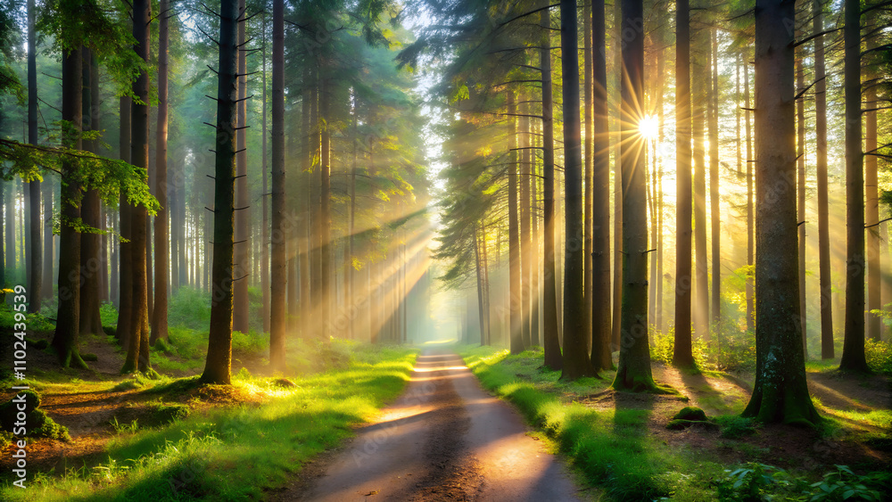 Tranquil forest scene with sunlight streaming through tall trees, highlighting a clear path ahead, calm atmosphere Tranquil forest scene with sunlight streaming through tall trees, highlighting a clear path ahead, calm atmosphere