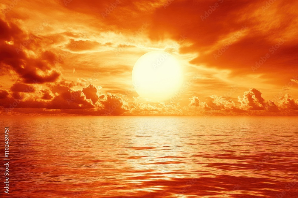 Mesmerizing Twilight: A Beautiful Sea and Sky Blend of Orange Hues and Clouds at Sunset