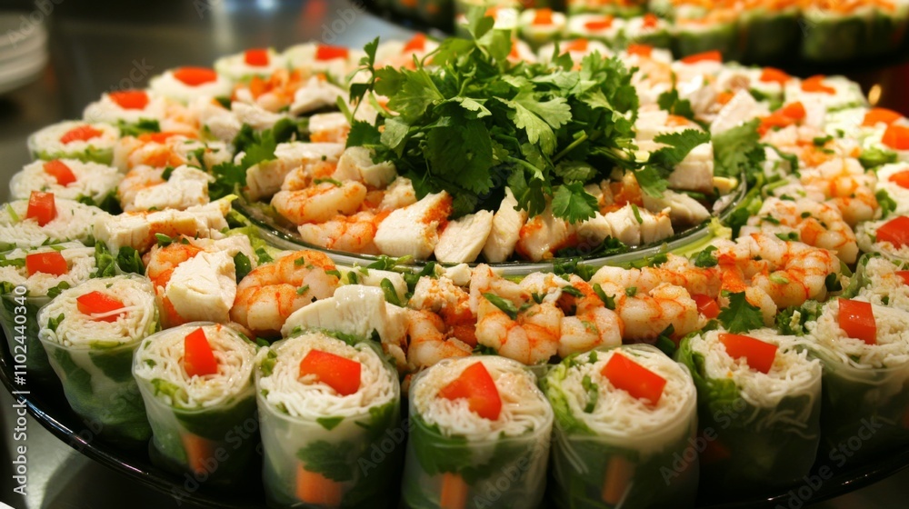 Fresh Vietnamese Spring Rolls with Shrimp and Herb Garnish Display Fresh Vietnamese Spring Rolls with Shrimp and Herb Garnish Display