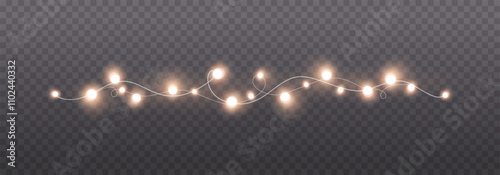 Lights bulbs isolated on transparent background. Glowing fairy Christmas garland string. Vector New Year party led lamps decoration