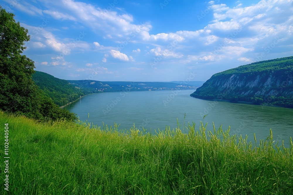 Serene Landscape: Lush Green Grass Meets a Vast Blue Sky Overlooking the Danube River Serene Landscape: Lush Green Grass Meets a Vast Blue Sky Overlooking the Danube River
