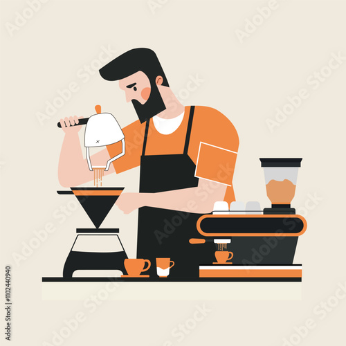 Hipster barista making coffee By pouring a brewed coffee into coffee filter comeout tobe drip coffee And Front of Him surrounded by A cup of coffee and Espresso Machine In flat illustration style.