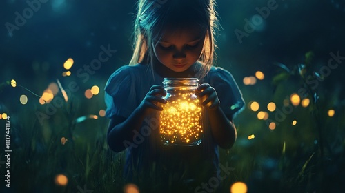 Wallpaper Mural Girl Holding Jar of Fireflies in Summer Night Torontodigital.ca