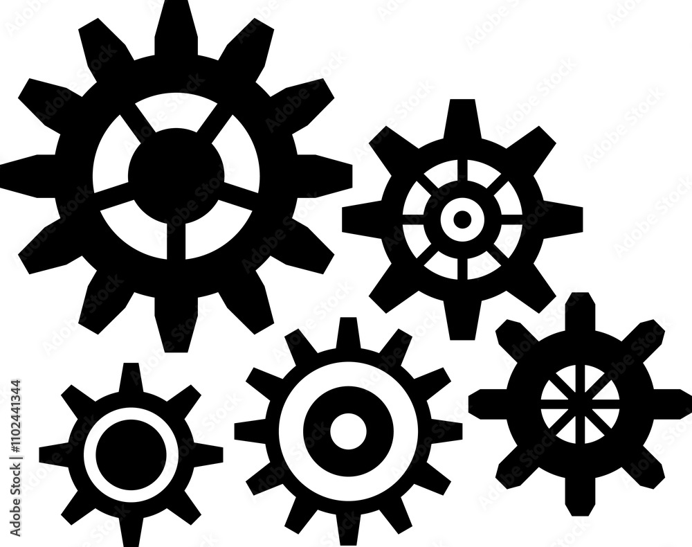 Gears icon set. Connected cogs, cogwheel gears illustration Gears icon set. Connected cogs, cogwheel gears illustration
