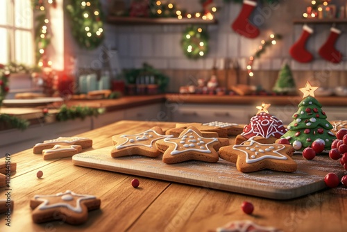 freshly baked Christmas gingerbread cookies shaped like stars, on table in festive decorated kitchen. Winter holiday food. Christmas recipes. Cookies with icing. Baked new year dessert. 