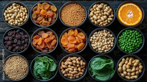 Assorted nuts, dried fruits, and greens in bowls.