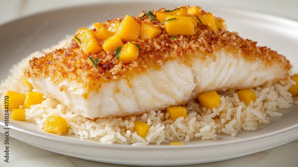 Coconut Crusted White Fish with Mango Salsa, Jasmine Rice, and Fresh Herbs Vibrant Food Photography Coconut Crusted White Fish with Mango Salsa, Jasmine Rice, and Fresh Herbs Vibrant Food Photography