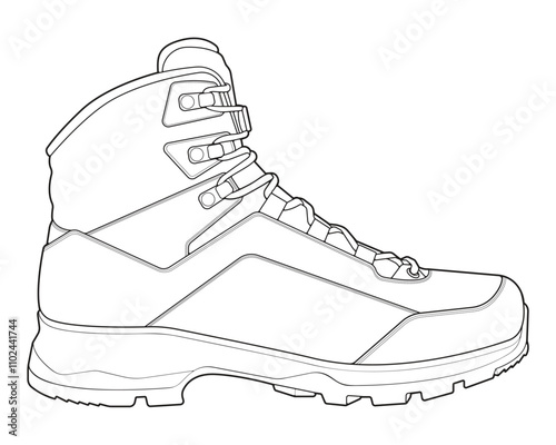 Hiking boots illustration. Outline vector boots. Side view hiking boots isolated with white background.