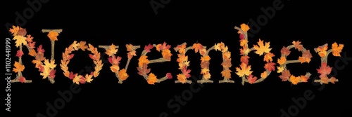 November Typography with Colorful Autumn Leaves on Black Background