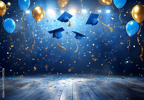 Graduation ceremony background with flying mortarboards and balloons