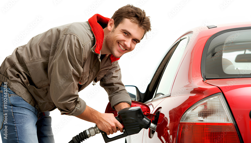 Happy man putting gas in his car at a petrol station. Isolated on white background Happy man putting gas in his car at a petrol station. Isolated on white background