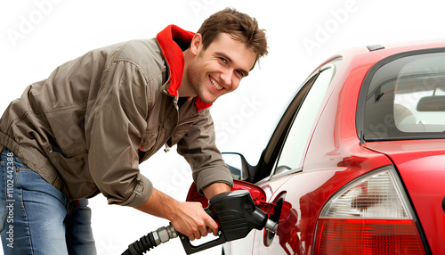 Happy man putting gas in his car at a petrol station. Isolated on white background