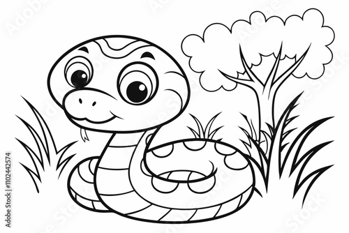 cute Rattlesnake, some grass and a tree, coloring book