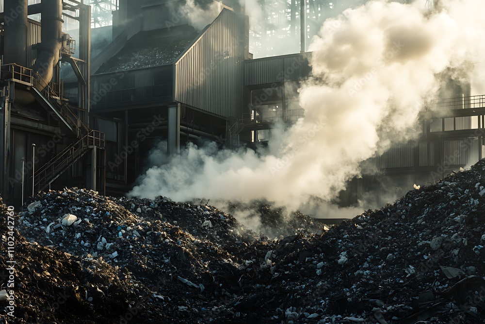 Fototapeta premium Industrial plant releasing smoke over landfill site at sunset