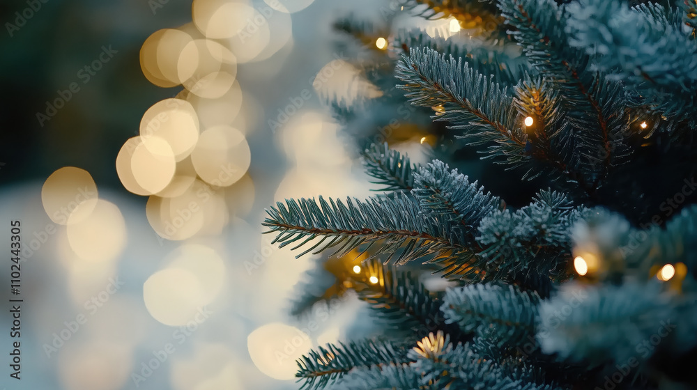 Close-up image of green pine branches with garland in the bokeh background Close-up image of green pine branches with garland in the bokeh background