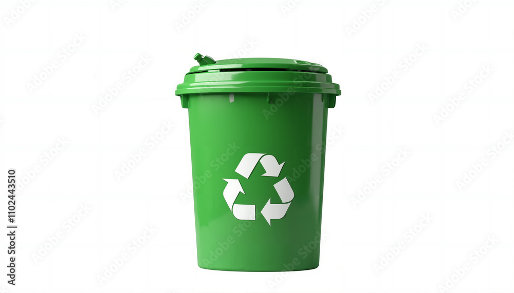 Photo of single green recycle bin with symbol on isolated white background