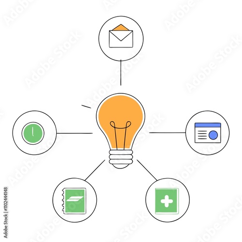 Glowing Lightbulb Connected by Lines to Icons Representing Digital Innovation Concept