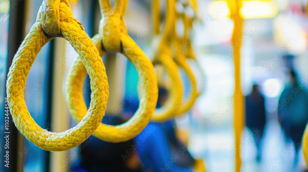 Close-up of yellow rope handles in a public bus, with blurred passengers and cityscape in the background. Close-up of yellow rope handles in a public bus, with blurred passengers and cityscape in the background.