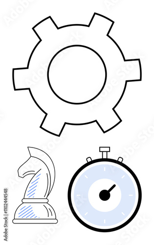 Gear knight chess piece and stopwatch. Ideal for mechanics, strategy, time management, planning, efficiency, problem-solving, productivity themes. Line metaphor