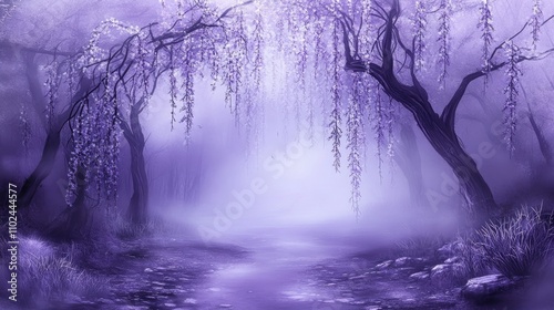 Fototapeta Naklejka Na Ścianę i Meble -  Misty purple forest path lined with weeping trees.
