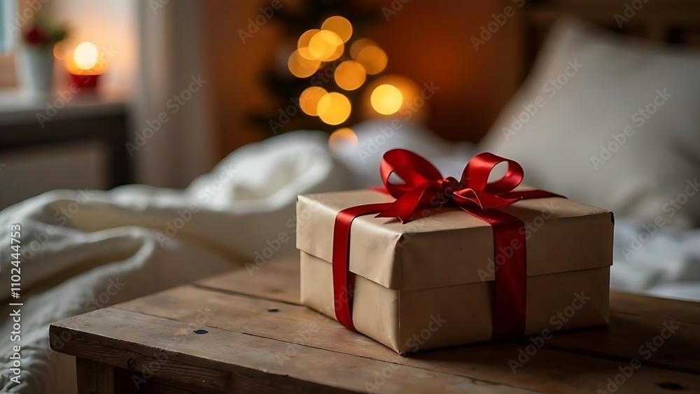 A beautifully wrapped gift with a red bow lies on a wooden table in a cozy bedroom with glowing garlands. A beautifully wrapped gift with a red bow lies on a wooden table in a cozy bedroom with glowing garlands.