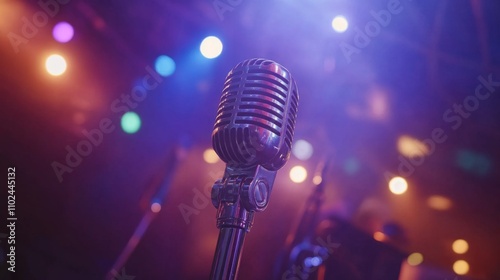 Vintage Microphone on Stage with Colorful Lights Background