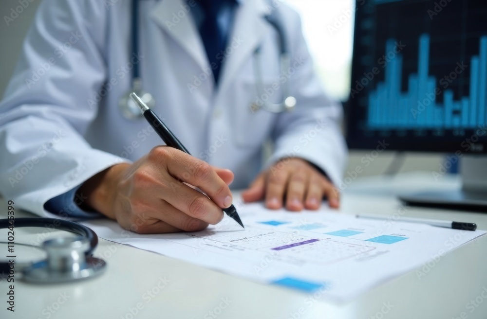 Doctor noting health readings in paper chart with monitor nearby. Doctor noting health readings in paper chart with monitor nearby.