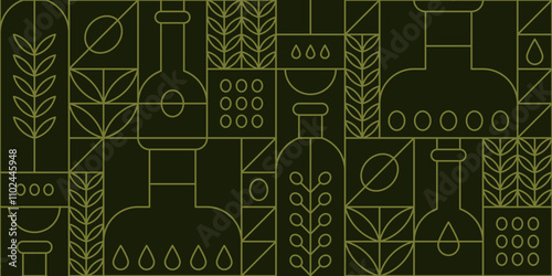 Green geometric seamless pattern with olive oil in bottles, fruits and tree leaves. Vector outline abstract background in modern lineart style with Mediterranean virgin cooking oil and branches