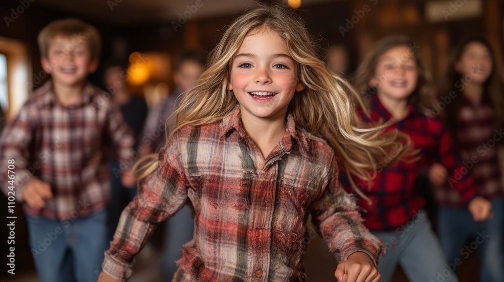 A group of cheerful children, dressed in cozy plaid shirts, happily run around a rustic setting, celebrating and enjoying a warm afternoon with laughter A group of cheerful children, dressed in cozy plaid shirts, happily run around a rustic setting, celebrating and enjoying a warm afternoon with laughter