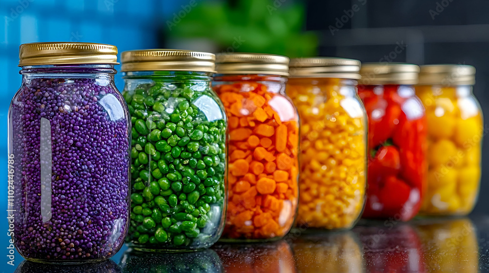 Colorful jars filled with vibrant beads arranged in a row, showcasing a variety of colors and textures against a blurred background. Colorful jars filled with vibrant beads arranged in a row, showcasing a variety of colors and textures against a blurred background.