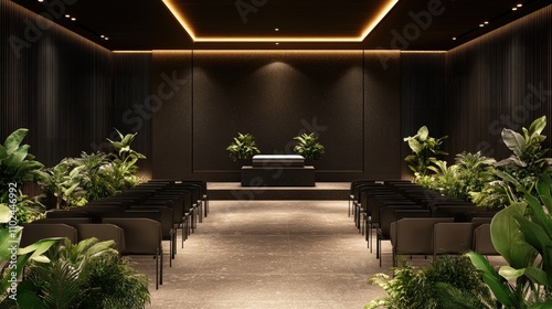 Modern, minimalist funeral home chapel with dark interiors, plants, and seating.