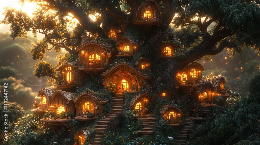 A magical village resides within the canopy of a grand tree, its windows glowing softly at dusk, inviting mystical beings to come home A magical village resides within the canopy of a grand tree, its windows glowing softly at dusk, inviting mystical beings to come home