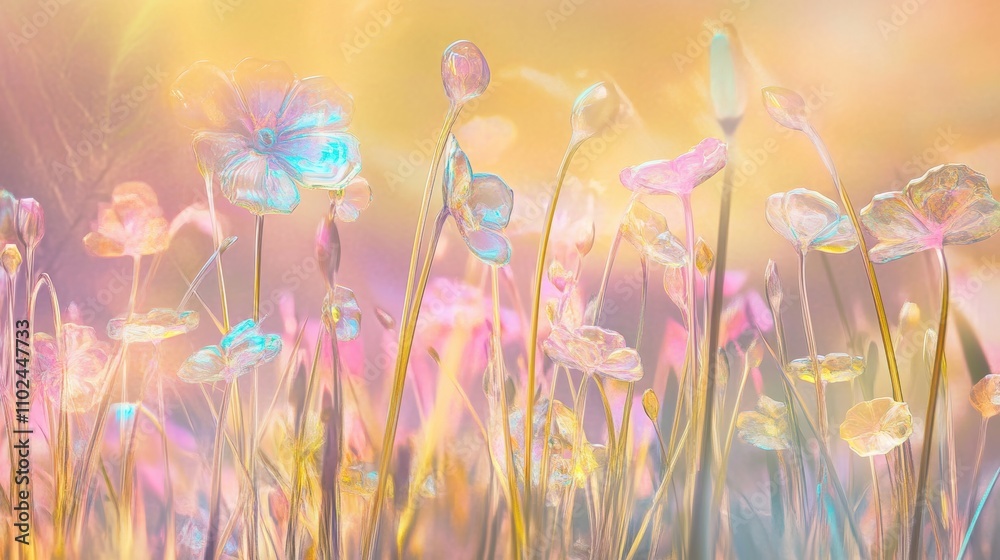 A meadow of glowing crystal-like flowers in pastel hues of pink, blue, and yellow, with translucent stems and grasses refracting light, creating a dreamy, ethereal scene.