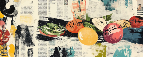 Food newspaper clippings set. Farm-to-table dining collage newspapers clipping retro glossy magazine, culinary pop punk vintage paper style social media collages vector illustration