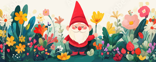 Garden gnomes. Cheerful gnomes, colorful gardens, whimsical plants, and playful decorations, depicting a lively gnome garden, vector illustration, flat style.