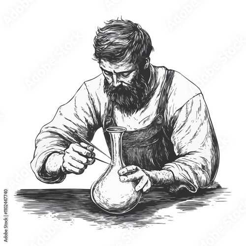 Glassblower shaping a vase sketch engraving vector illustration. Imitation of a scratch board. Black and white image. Vector