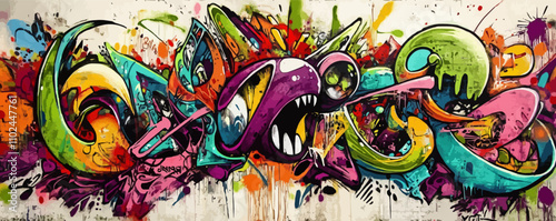 Graffiti street art. Bold graffiti tags, urban landscapes, and colorful spray paint effects cover 80s 60s 90s