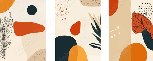 Develop abstract mid-century vector sets with bold patterns and subdued tones. Ideal for home decor and digital designs, vector illustration, flat style.