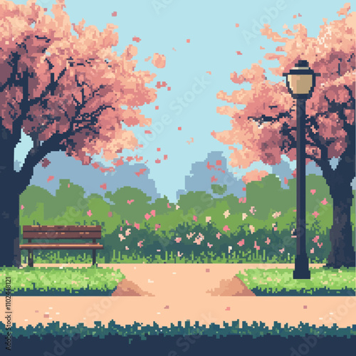 Design pixel art cozy spring parks with blooming flowers and gentle breezes, vector icon design, flat style.
