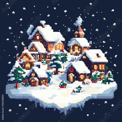Design pixel art cozy winter villages with snow-covered roofs and festive decorations, vector icon design, flat style.