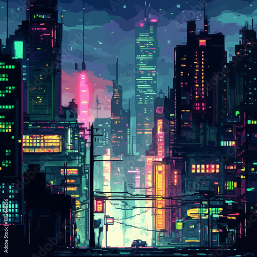 Design pixel art cyberpunk cityscapes with neon lights, vector icon design, flat style.