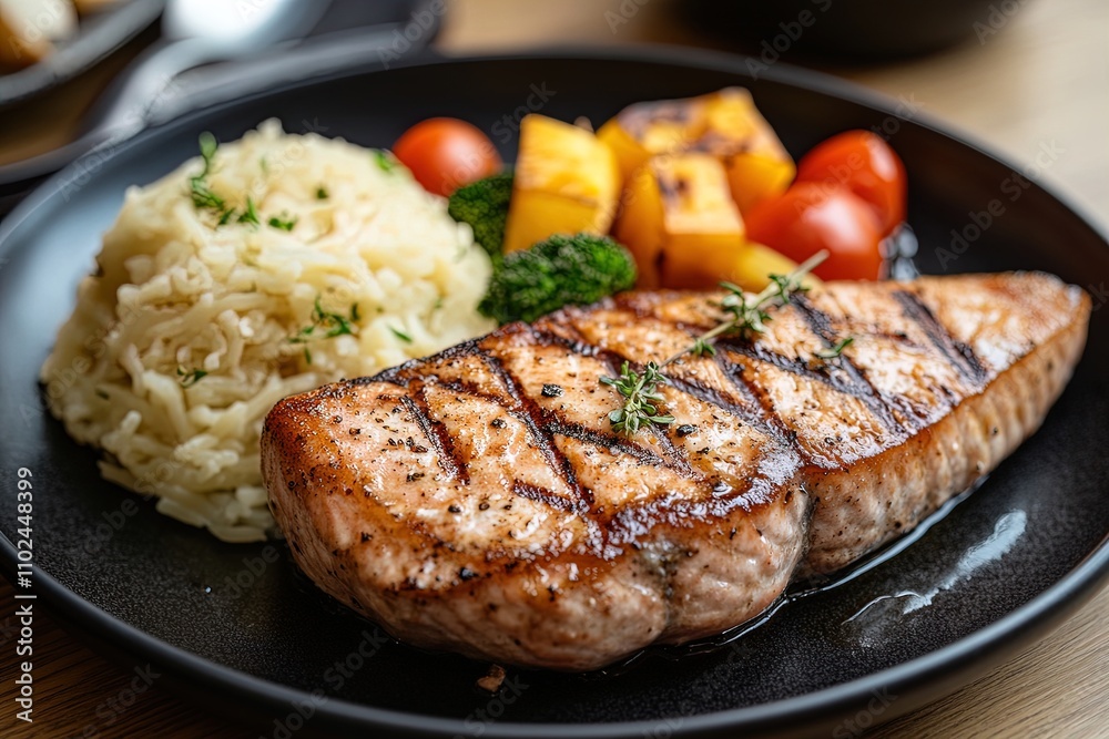 Delicious grilled salmon with rice and vegetables served on a black plate in a cozy restaurant setting
