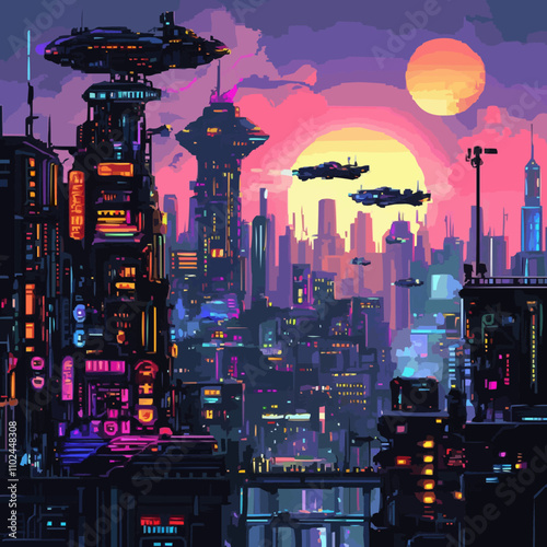 Design pixel art futuristic cities with neon signs and flying vehicles, vector icon design, flat style.