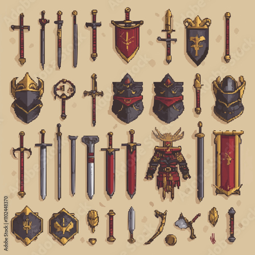 Design pixel art medieval armories with detailed weaponry, protective armor, and intricate designs, vector icon design, flat style.