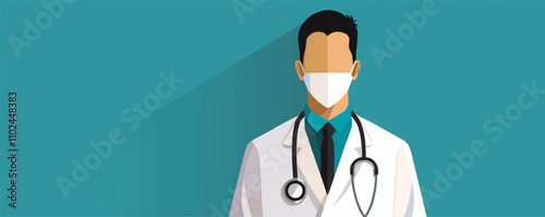 Doctor in a white coat with a stethoscope, flat portrait, vector illustration.