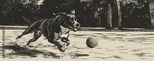 Dog chasing a ball in a park sketch engraving vector illustration. Scratch board imitation. Black and white image. Vector