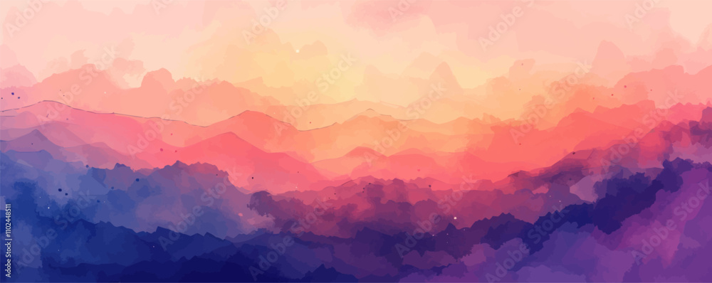 Dreamy sunset watercolor background with warm gradients and soft transitions, flat, vector illustration.