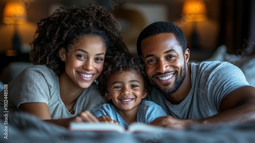 A smiling family enjoys precious moments together, sharing a captivating story on a cozy evening in their warmly lit living room